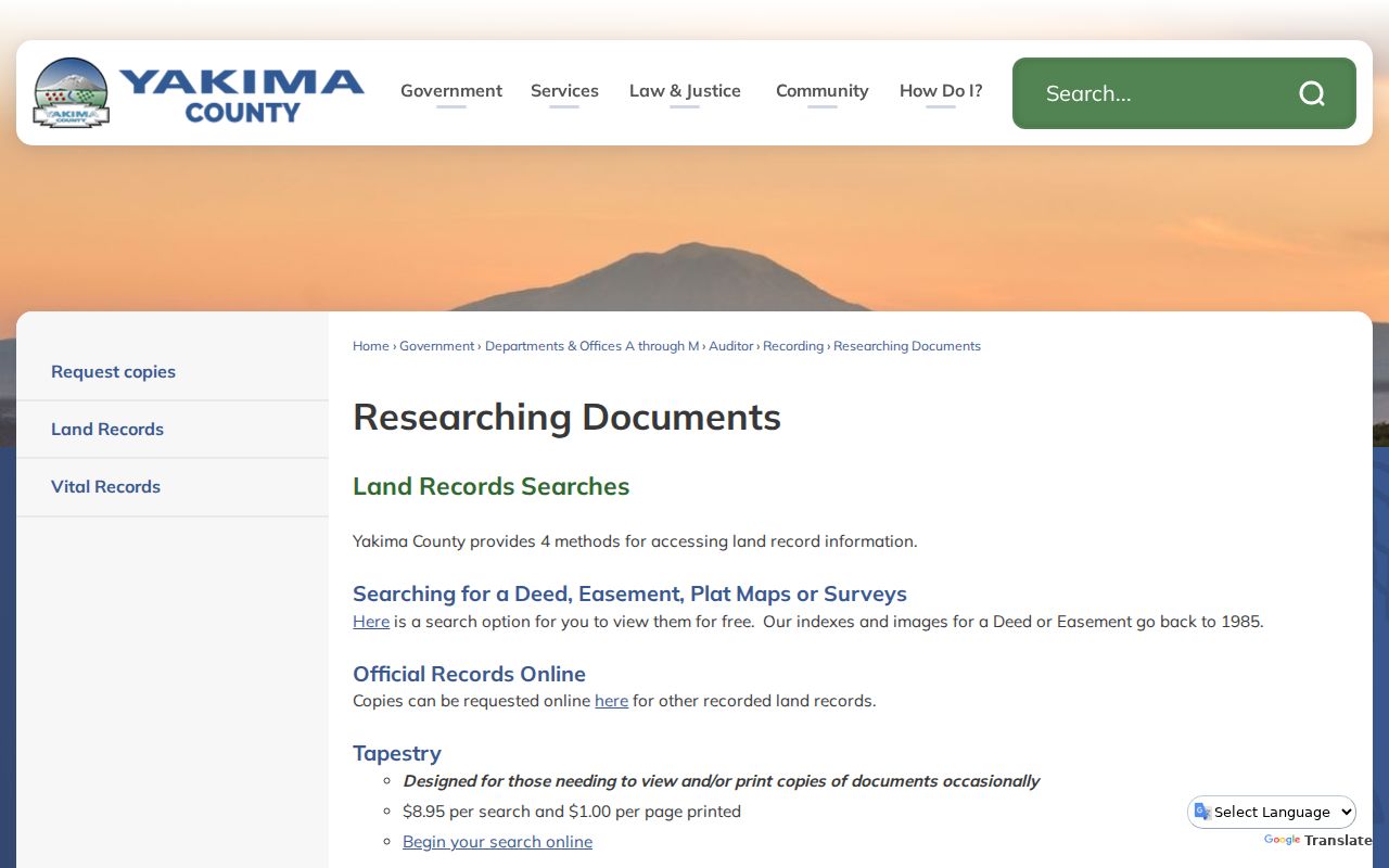 Yakima County page explaining recorded document research and access channels