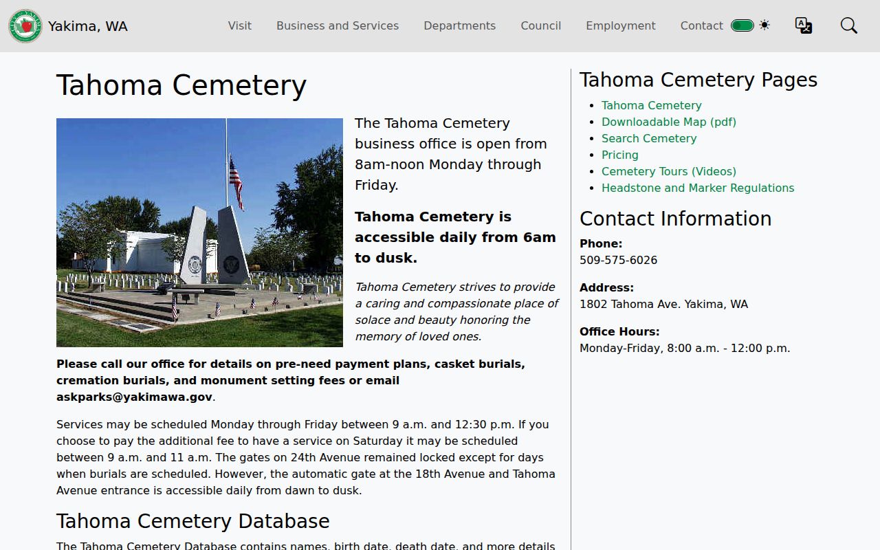 Yakima residents directory Tahoma Cemetery search