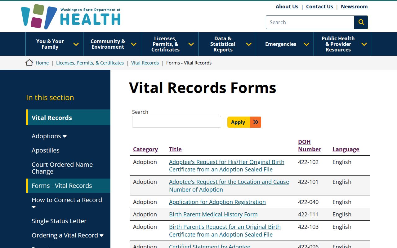 Washington vital record forms for Yakima resident lookup research
